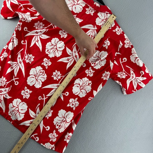Vintage 60s Hawaiian Shirt Mens Medium 22x29 Red Cotton Aloha Floral - Picture 10 of 12